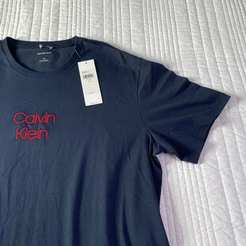 Calvin Klein Jeans Womens Logo T-Shirt Navy Blue Red Embroidery Large NEW